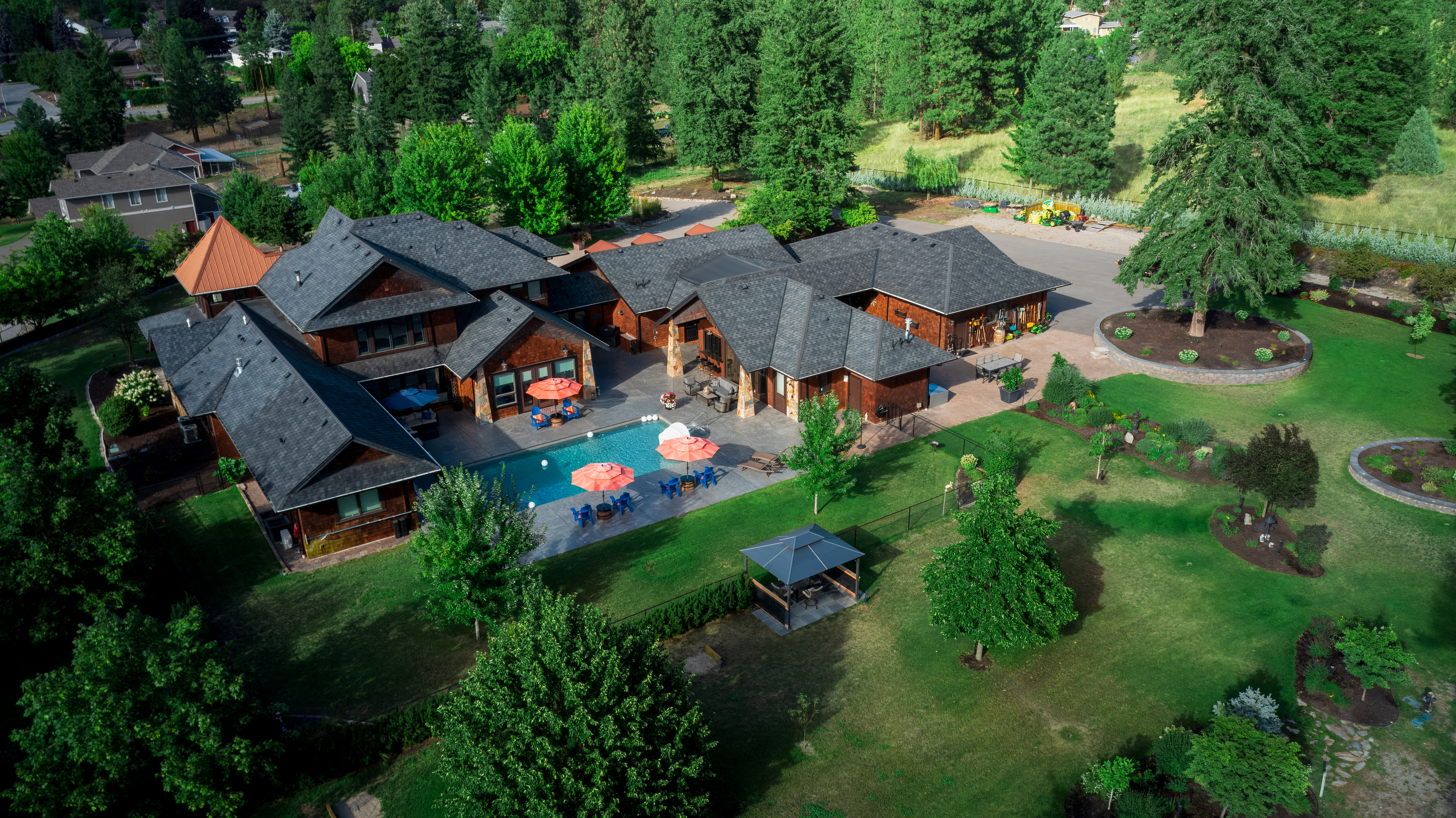 Wide aerial shot showing the property's privacy